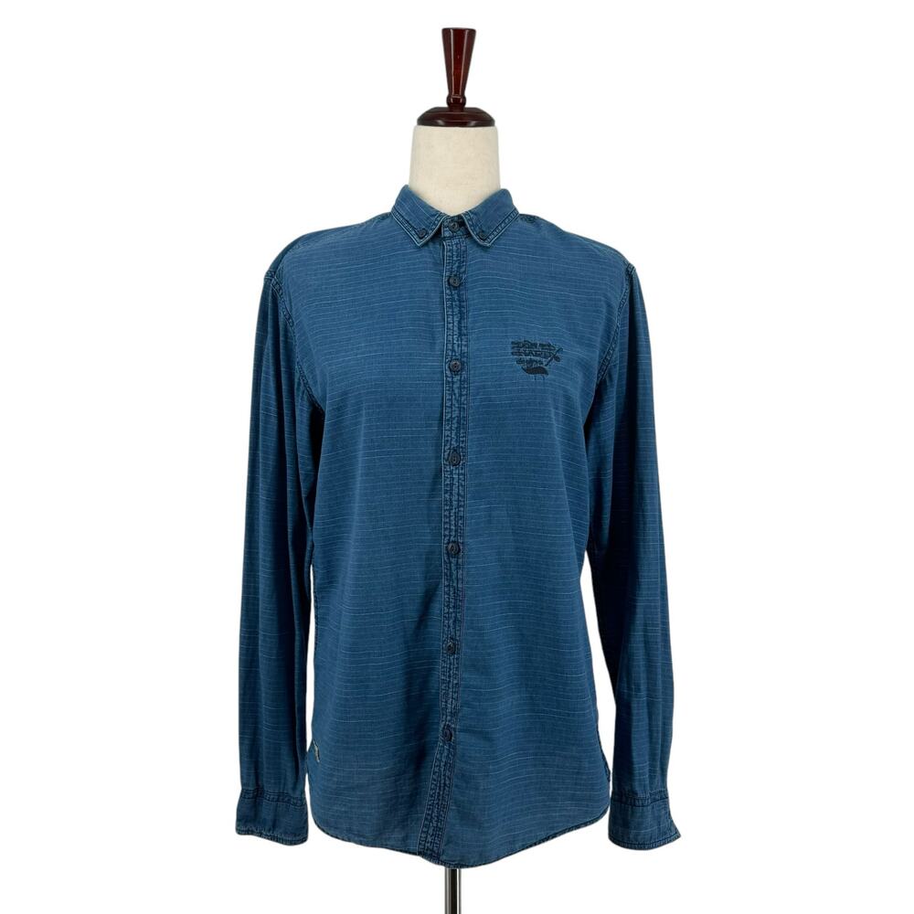 Ed Hardy Y2K Button Down Embroidered Logo Blue Shirt Womens Medium Long Sleeve